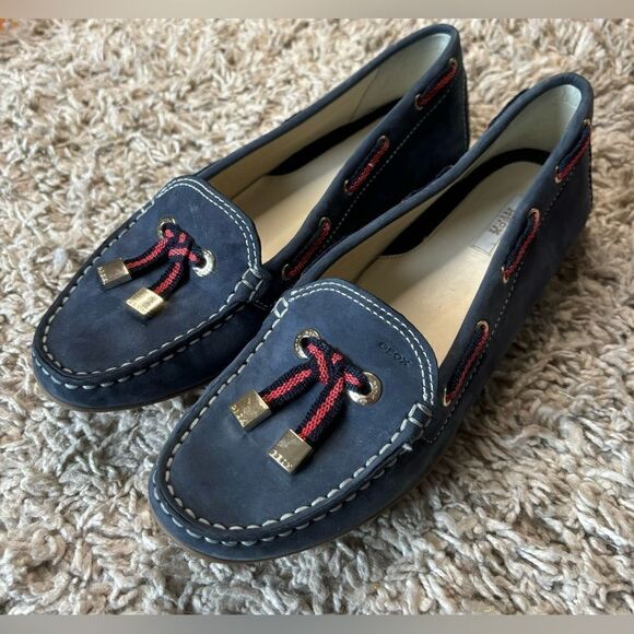 Geox EUC blue/red suede threaded detail loafers/boat shoes Size 41 - Picture 1 of 10